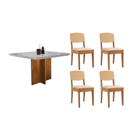 Conjunto: Mesa de Cozinha Berlim Curvo 90cm + 4 Cadeiras Havana Naturale/Off White - Suede Creme -