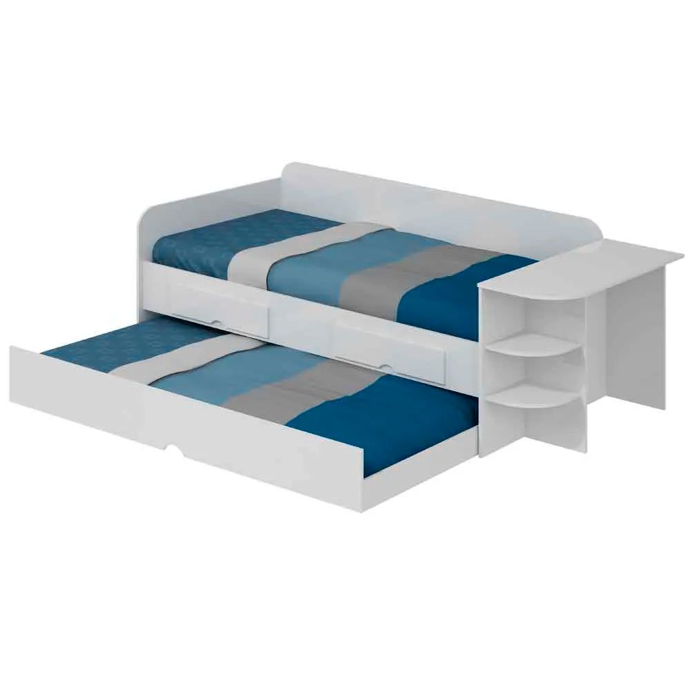 Sofá Cama Solteiro Em MDF Com Cama Auxiliar 2 Gavetas 1 Mesa Com 2 Prateleiras Quarto Branco - 2