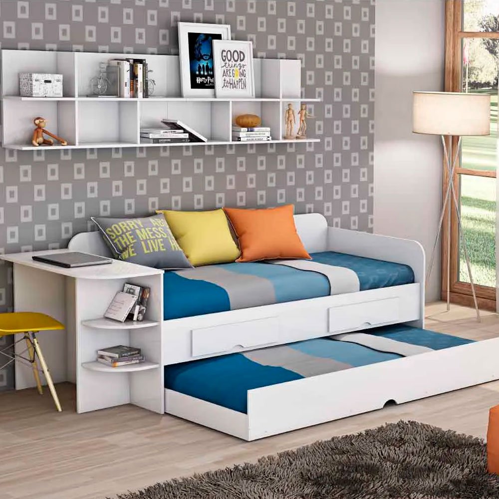 Sofá Cama Solteiro Em MDF Com Cama Auxiliar 2 Gavetas 1 Mesa Com 2 Prateleiras Quarto Branco - 1