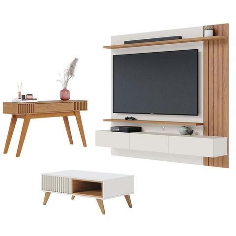Painel para Tv Home Suspenso Juriti 1.8 com Mesa de Centro Jeri Off White Matte Freijó e Aparador