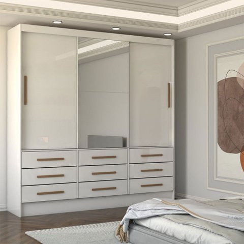 Guarda-roupa Casal Taylor Plus 3 Portas 9 Gavetas com Espelho Branco - Panorama Móveis