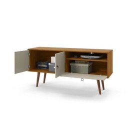 Rack Bancada Retro para Sala de Estar Pes Palito com 3 Portas Topazio Cumaru/off White - 3 Rack Bancada Retro para Sala de Estar Pes Palito com 3 Portas Topazio Cumaru/off White - 3