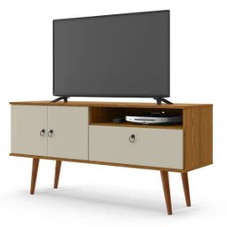 Rack Bancada Retro para Sala de Estar Pes Palito com 3 Portas Topazio Cumaru/off White - 1 Rack Bancada Retro para Sala de Estar Pes Palito com 3 Portas Topazio Cumaru/off White - 1