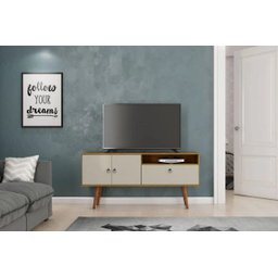 Rack Bancada Retro para Sala de Estar Pes Palito com 3 Portas Topazio Cumaru/off White - 2 Rack Bancada Retro para Sala de Estar Pes Palito com 3 Portas Topazio Cumaru/off White - 2