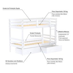 Beliche Infantil Slim Rb com 02 Gavetas e Grade de Proteção Madeira Maciça Branco Housin - 3
