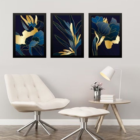 Kit 3 Quadros Abstratos Flores Azul com Dourado 45x34cm - com Vidro:moldura Preta