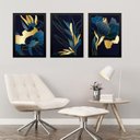 Ver imagem 1 de Kit 3 Quadros Abstratos Flores Azul com Dourado 45x34cm - com Vidro:moldura Preta