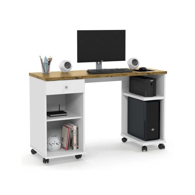 Mesa para Computador Escritório Quarto com Rodízios 1 Gaveta Escrivaninha Million Branco/nature