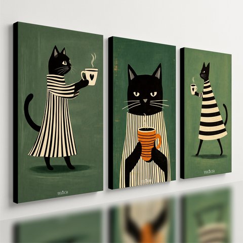 Kit 3 Quadro Decorativo Gato Café Cozinha Moderno Xícara 28x20cm