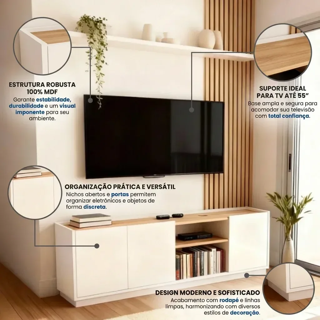 Ver imagem 4 de Rack para TV até 55 Polegadas MDF 130cm Home Sala Moderna Branco/Naturale