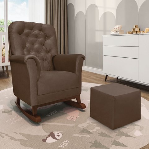 Poltrona de Amamentação Balanço Madeira e Puff Angelin Suede Marrom P02 - D’Rossi