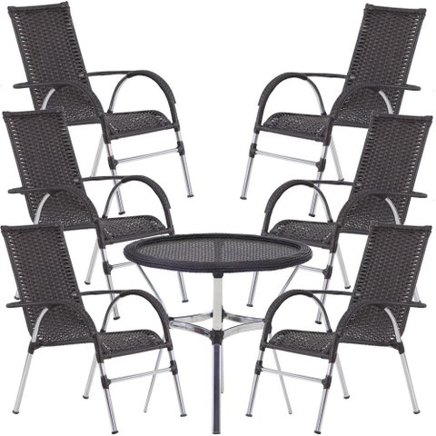6 Cadeiras Vênus Alumínio e Mesa com Tampo Tramado para Jardim Piscina e Área Trama Original