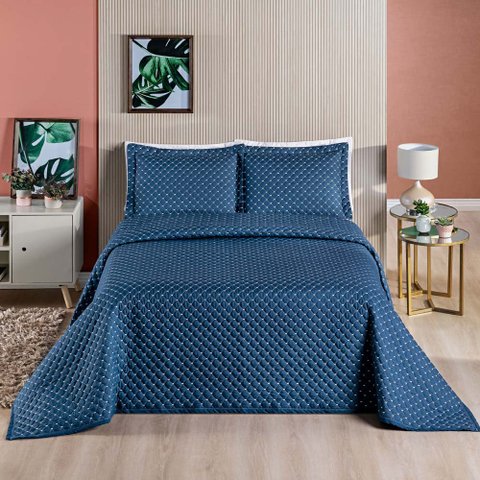 Kit Cobre Leito Colcha Vênus Casal Dupla Face Micropercal 200 Fios Liso 3 Peças - Azul Marinho Casa 