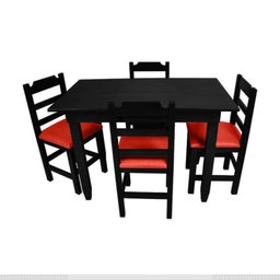 Conjunto de Mesa de Madeira Fixo Paulista 120x70 Preto com 4 Cadeiras Estofado Vermelho - 1