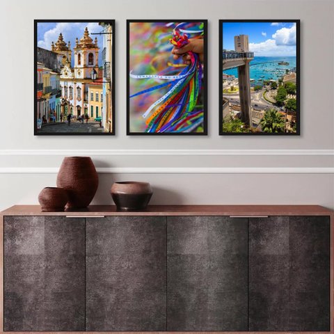 Kit 3 Quadros Fotografias Salvador- Bahia 24x18cm - com Vidro:madeira Preta