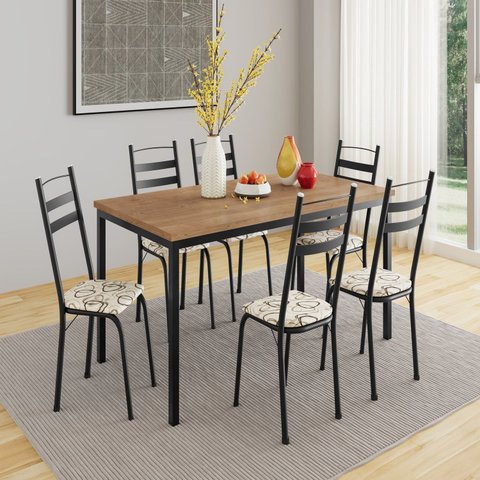 Conjunto Sala de Jantar Mesa Retangular Tampo BP com 6 Cadeiras Adriana Preto/Madeira Cedro/Demolição