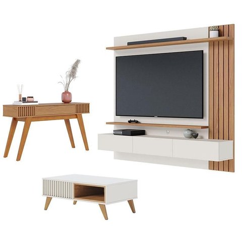 Painel para Tv Home Suspenso Juriti 1.8 com Mesa de Centro Jeri Off White Matte Freijó e Aparador Ri