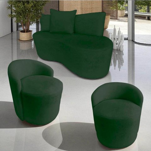 Kit Namoradeira + 2 Poltronas Yara Orgânica Suede Verde