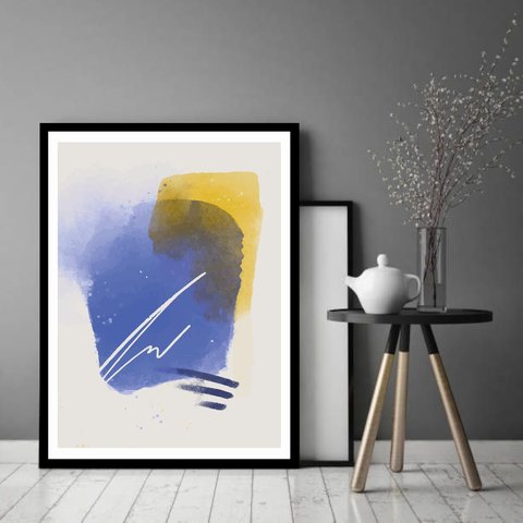 Quadro Decorativo Abstrato Azul Amarelo - 70x50cm:moldura Preta