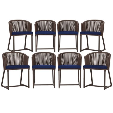 8 Cadeiras de Jantar Área Noronha em Alumínio com Pintura Marrom Corda Náutica Estofado 10 Trama Ori