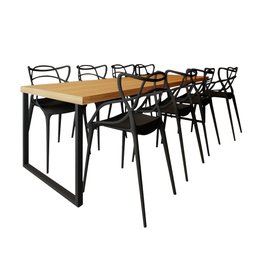 Conjunto Mesa Madeira Maciça Bernardo 2,20m Ferragem Preta com 8 Cadeiras Alegra Preta - 2