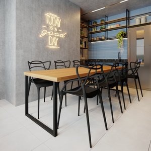 Conjunto Mesa Madeira Maciça Bernardo 2,20m Ferragem Preta com 8 Cadeiras Alegra Preta