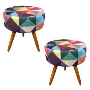 Kit 2 Puffs Banqueta Decoração Redondo Triangulo Pés Castanho