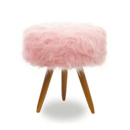 Puff,Banqueta Magnus Redondo Pelúcia Alta Rosa Pés Palito - 1