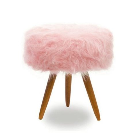 Puff,Banqueta Magnus Redondo Pelúcia Alta Rosa Pés Palito