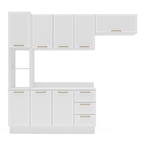 Cozinha Amara 4 Peças 240x224,5cm Armários Aéreos Paneleiro Balcão Tampo Rodapé Branco 250096
