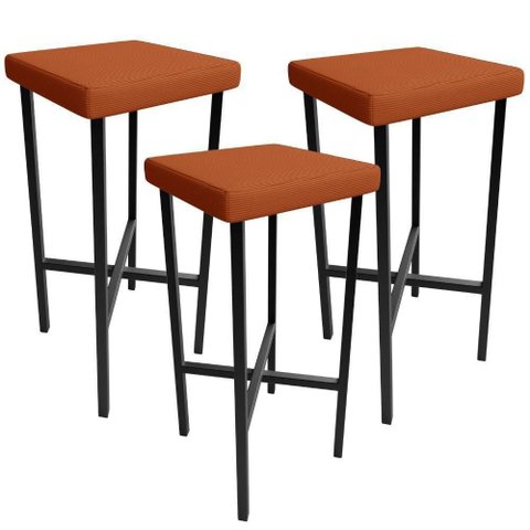 Kit 03 Banquetas Alta Bar Cozinha Sala de Jantar Preto Stella L02 Tecido Terracota - Lyam Decor