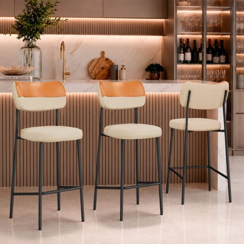 Kit 3 Banquetas Baixa Sala de Jantar Lisa Pés Preto Linho/PU Bege/Caramelo m² - Monari Design