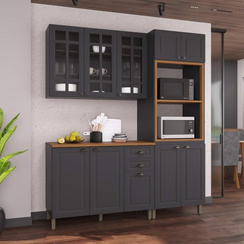 Armário de Cozinha Modulada Compacta Fidelitá Nara 100% MDF 3 Peças 190cm 10 Portas 2 Gavetas com