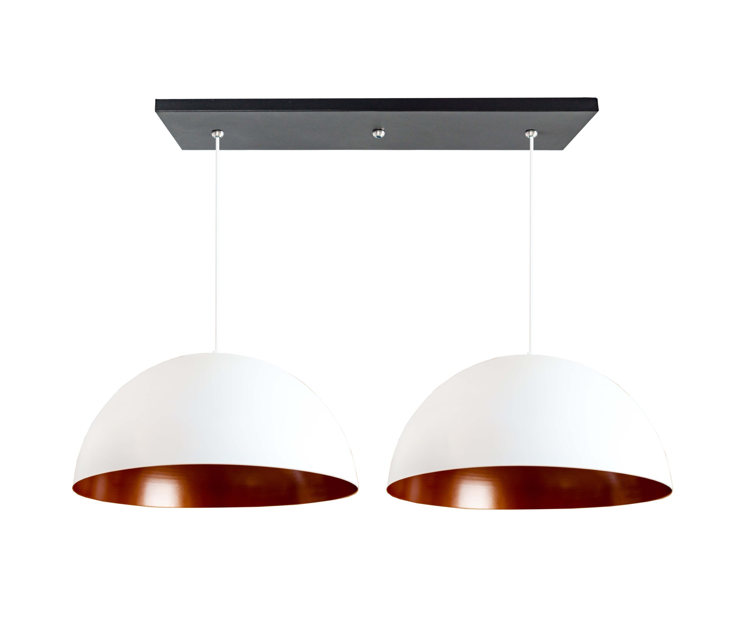 Pendente Alumínio Meia Esfera 30cm Branco c/ Cobre Duplo na Canopla Retangular de 45cm Preta - 1