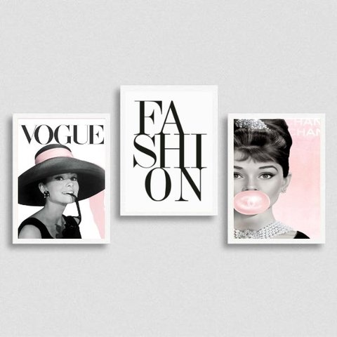 Kit 3 Quadros Audrey Fashion 33x24cm:Madeira branca