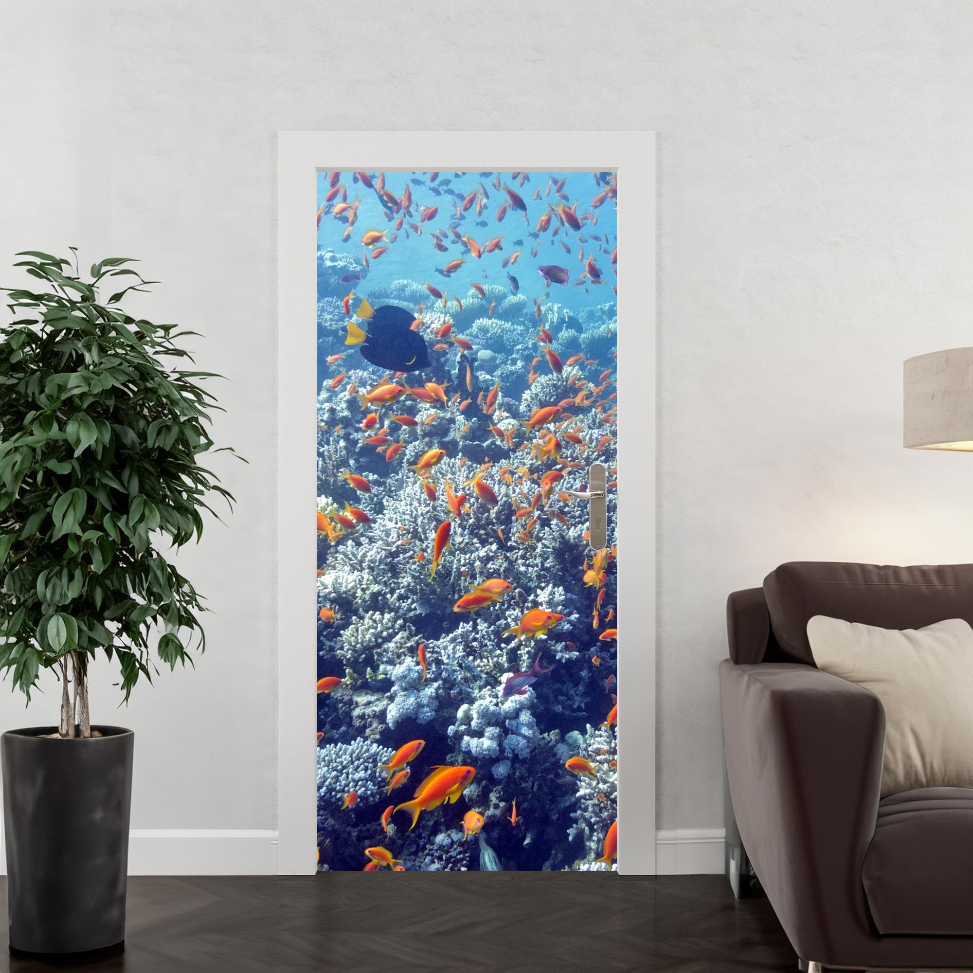 Adesivo Decorativo Porta Fundo do Mar Peixinhos Coral Azul - 3
