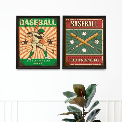 Kit 2 Quadros Decorativos Baseball Retrô 45x34cm:madeira Branca