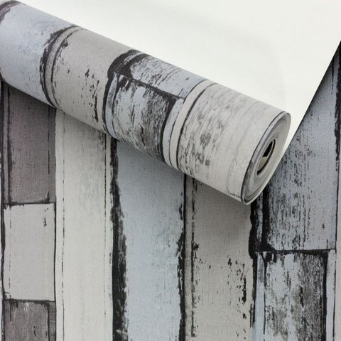 Papel de Parede Madeira Demolição Cinza Vinilico Lavável+ Cola para Aplicação