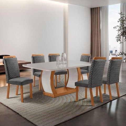 Mesa de Jantar Milena 6 Lugares Retangular MDF com Vidro 180cm Grafite Moderna