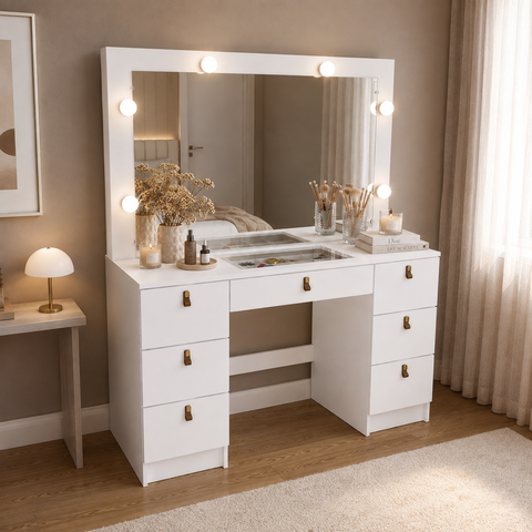 Penteadeira Camarim com Espelho 7 Gavetas França Branco