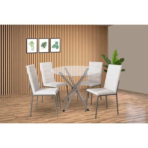 Conjunto: Mesa de Cozinha Volga C/ Tampo de Vidro 95cm e 4 Cadeiras Amsterdã Niquel - Courano