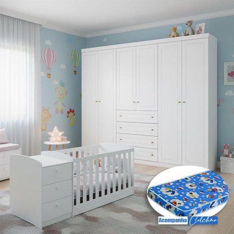 Berço Multifuncional Atlanta e Guarda Roupa 6 Portas Americano Ambiente Branco Fosco Henn com Colchã