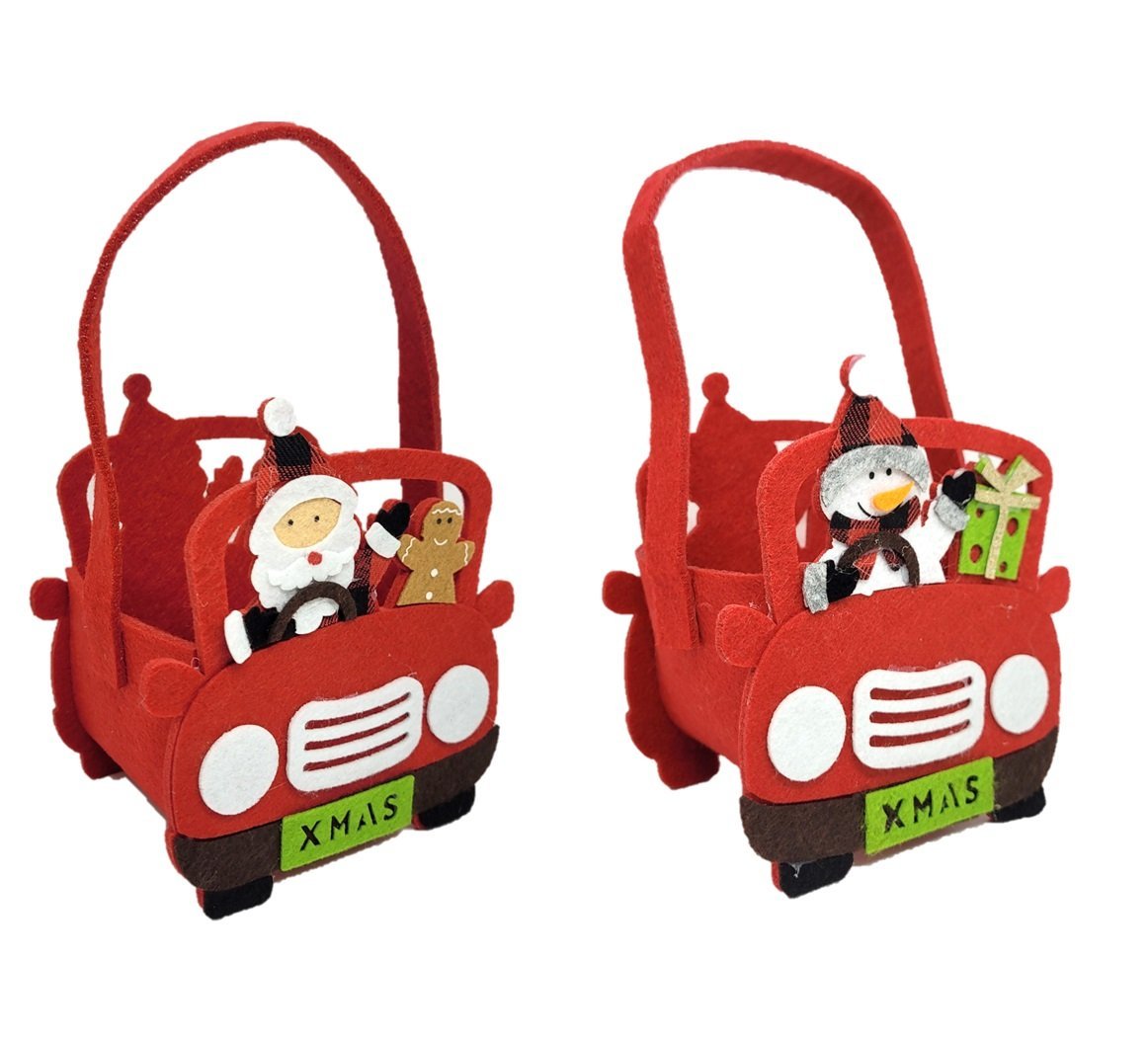 Kit 2 Cestos Feltro Natal Carro Alça Decorado Papai Noel e Boneco de Neve 20cm - Master Christmas