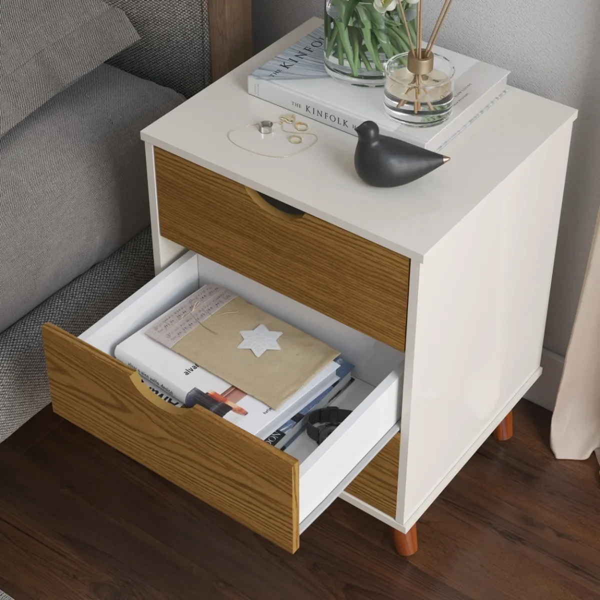 Ver imagem 2 de Mesinha de cabeceira Para Quarto Retrô Grécia Plus -Off White/ Freijó