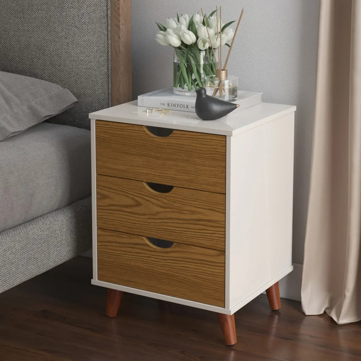 Ver imagem 1 de Mesinha de cabeceira Para Quarto Retrô Grécia Plus -Off White/ Freijó
