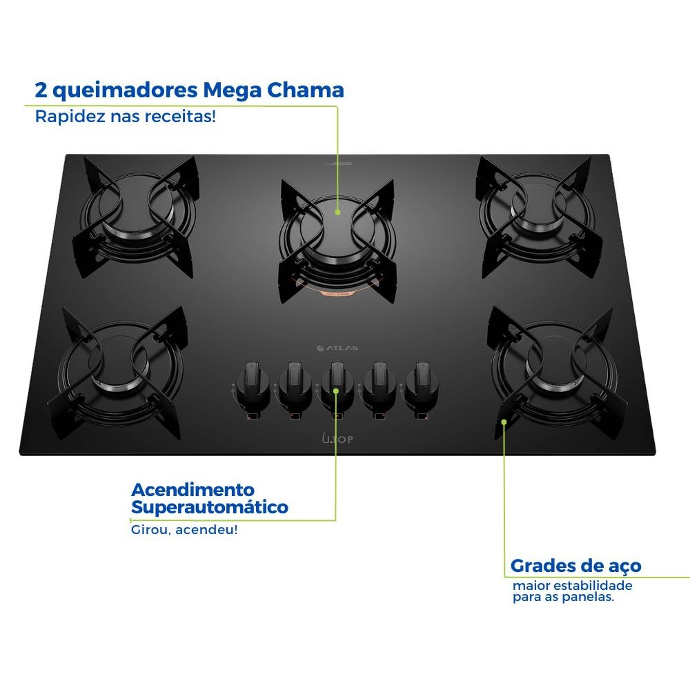 Fogão Cooktop 5 Bocas Embutir Utop Mega e Tripla Chama Atlas - 2