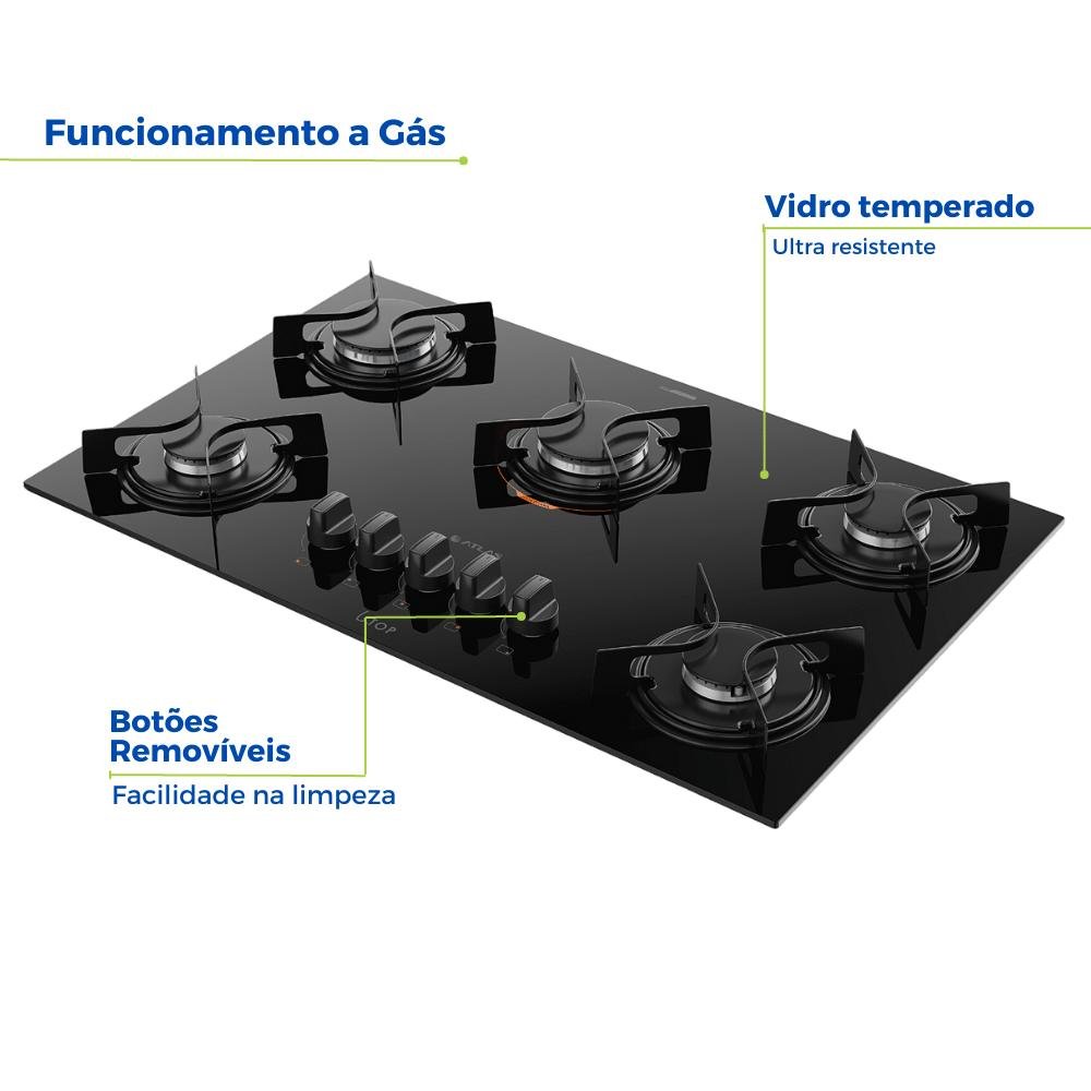 Fogão Cooktop 5 Bocas Embutir Utop Mega e Tripla Chama Atlas - 3