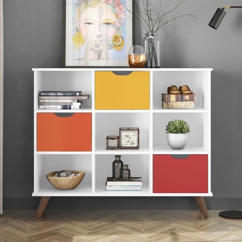 Nicho Organizador Retro Branco Com 3 Gavetas Coloridas Qmovi Móveis