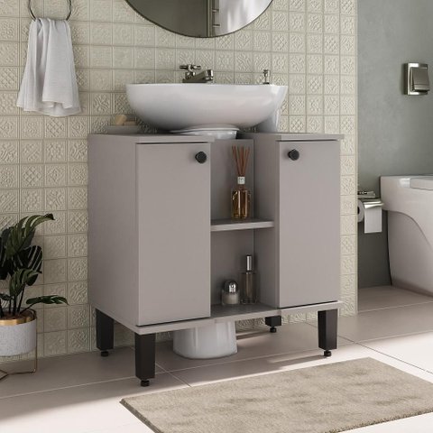Conjunto de Banheiro Monte Carlo 60cm de Coluna 2 Portas 1 Prateleira C00D64513 Fumê - Ozini