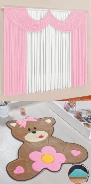 Kit Tapete Infantil Ursa Baby Rosa com Cortina 2 Metros Quarto Menina Fofo - 1